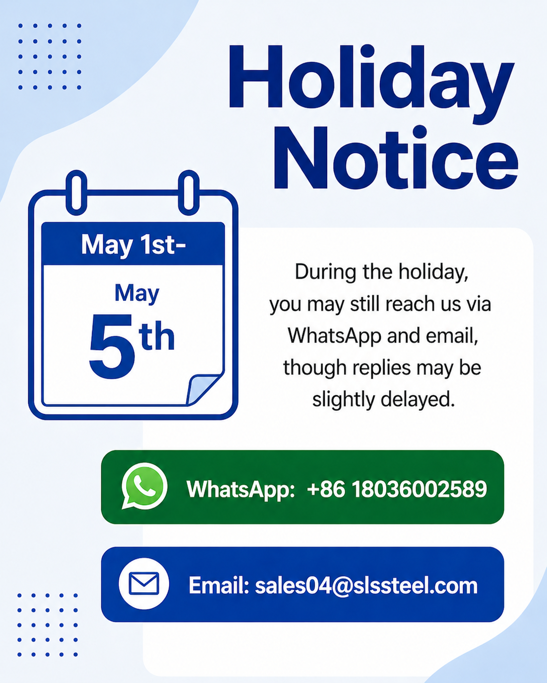 Ultimi blog aziendali su Avviso Vacanze Labor Day 2026 | Wuxi Sylaith Special Steel Garantisce una Fornitura Globale Stabile